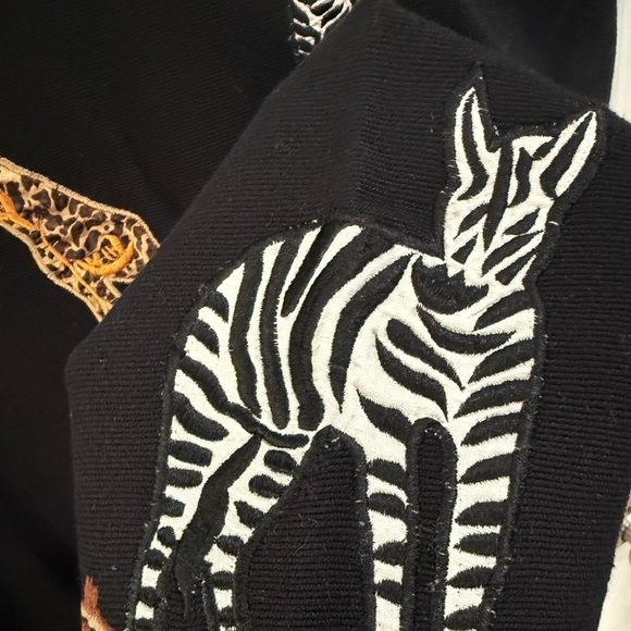 Black Embroidered Jacket w Safari Motifs Animal Print Africa 100% Cotton - Picture 4 of 6